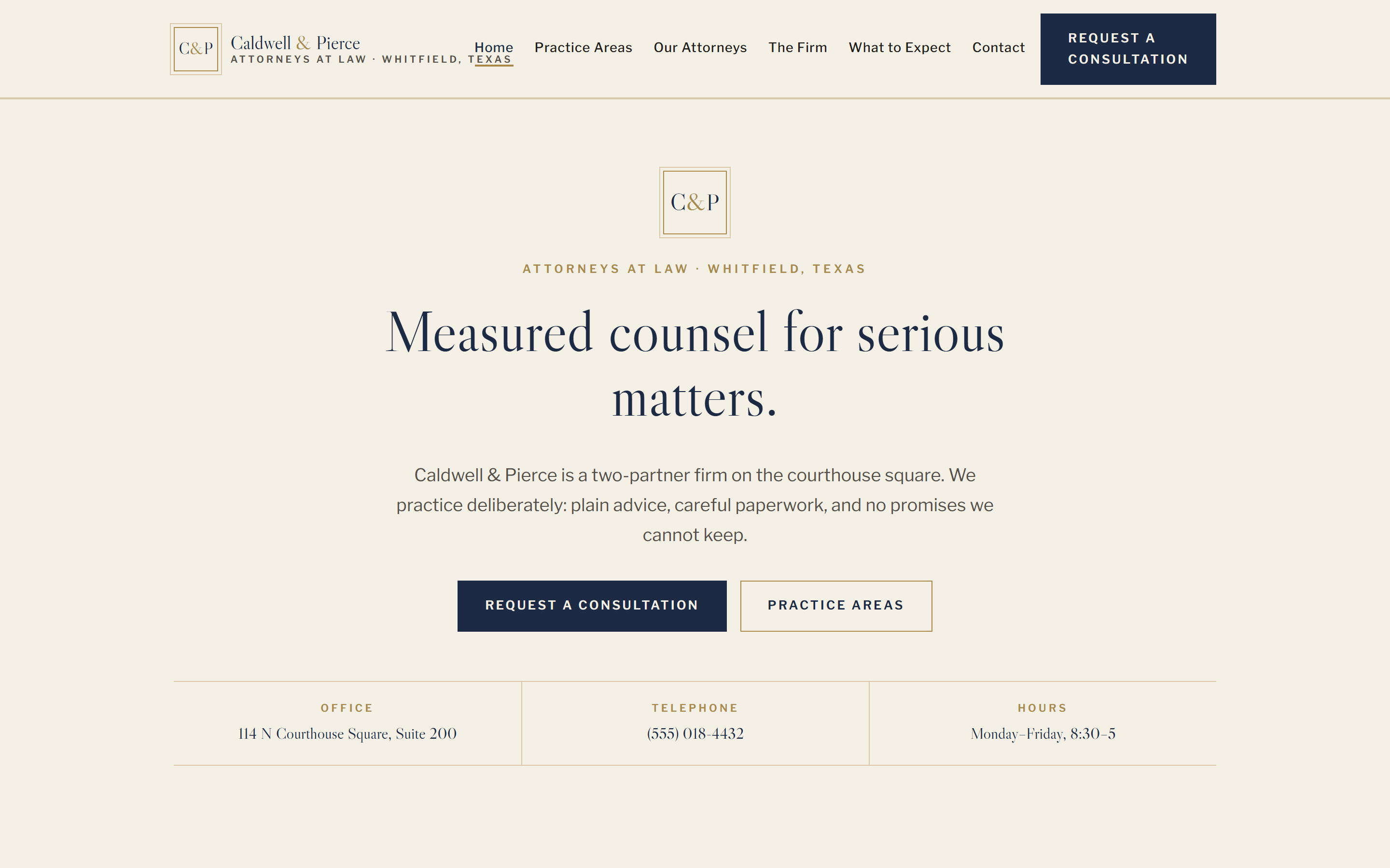Home page of the Caldwell & Pierce template, a stately law-firm design with an engraved monogram seal, a typography-led hero, and a parchment, navy, and brass color palette.