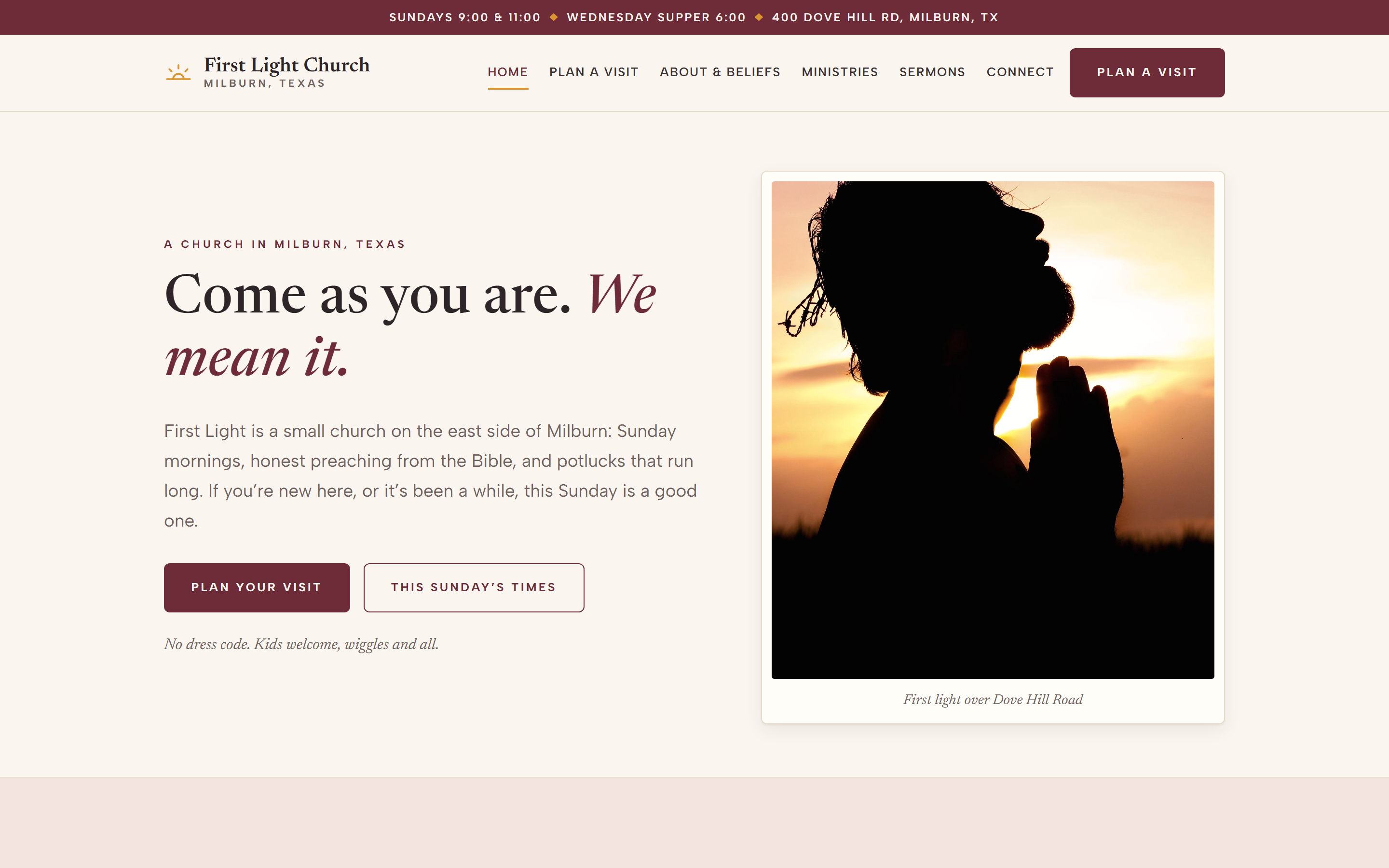 Home page of the First Light Church template, a warm reverent design styled like a Sunday bulletin, with scripture pull-quotes and a linen, burgundy, and amber color palette.