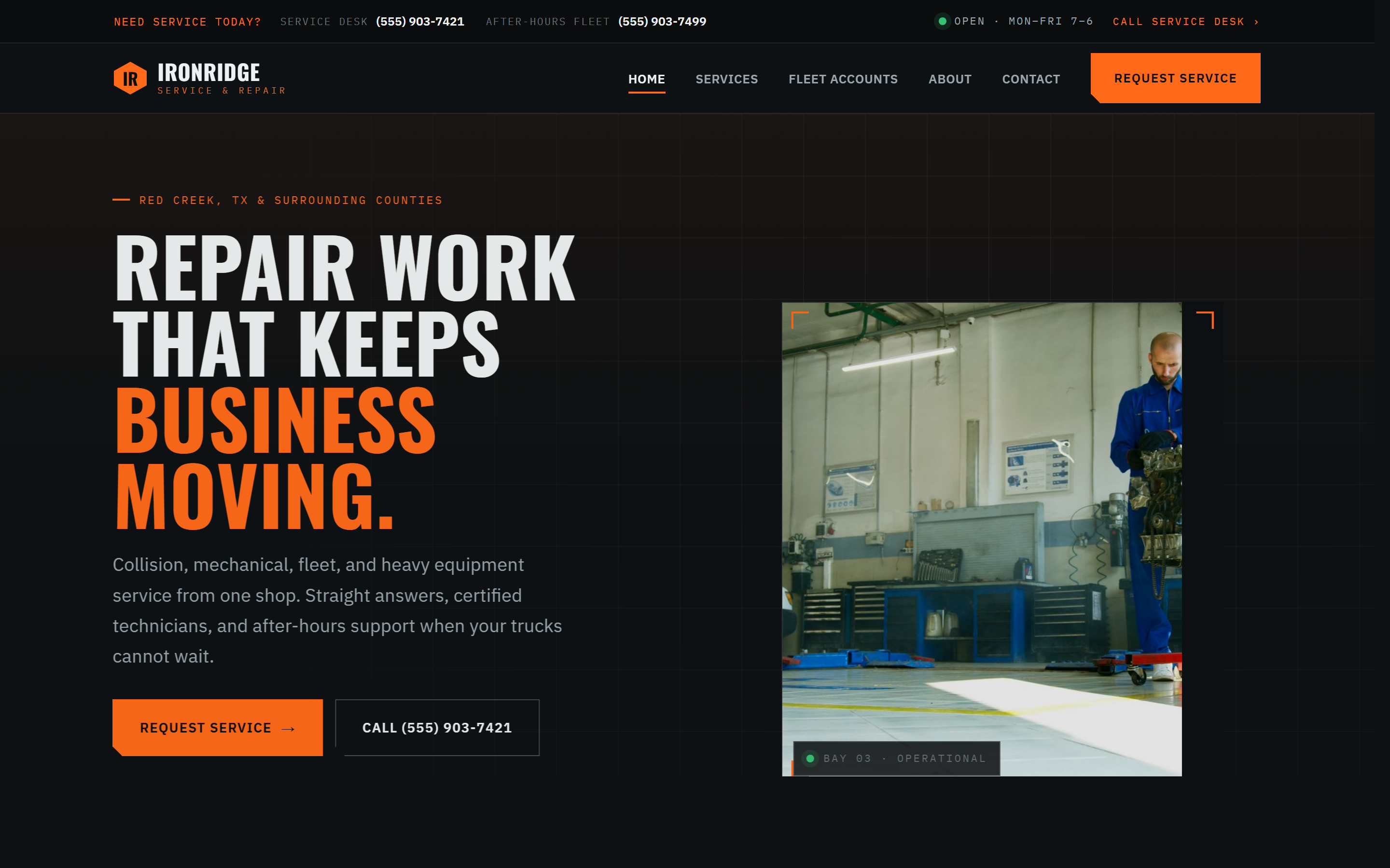 Home page of the Ironridge Service & Repair template, a rugged dark design with bold condensed type, a service-bay photo, and a graphite and signal-orange color palette.