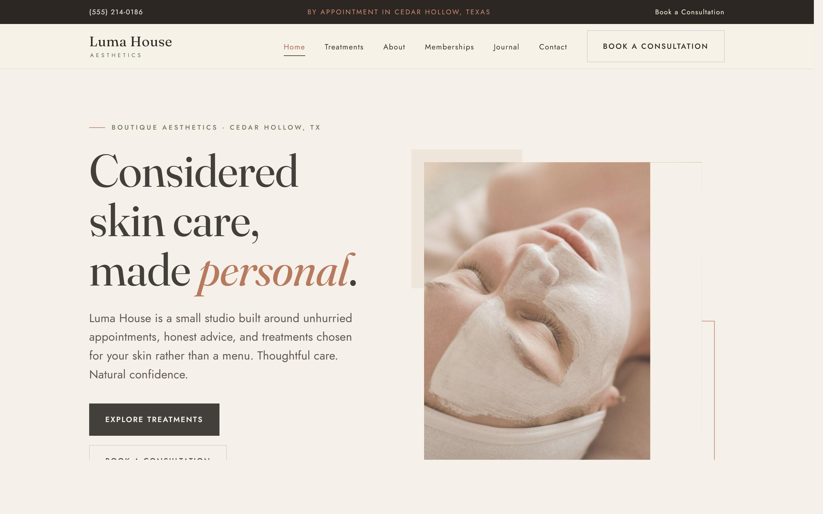 Home page of the Luma House Aesthetics template, a clean, upscale design with a large serif headline and a soft cream and clay color palette.