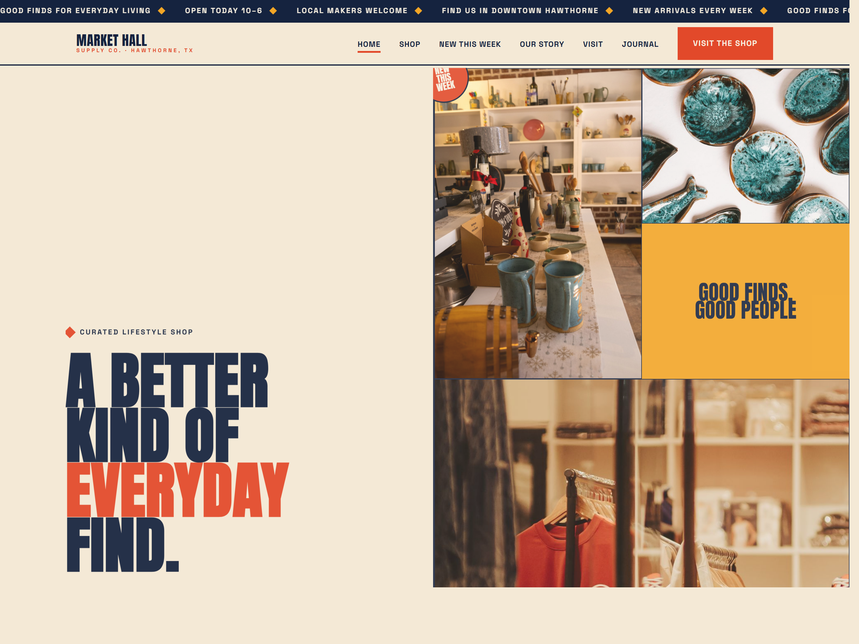 Home page of the Market Hall Supply Co. template, a bold retail design with oversized type, a photo grid of products, and a cream, navy, and tomato color palette.