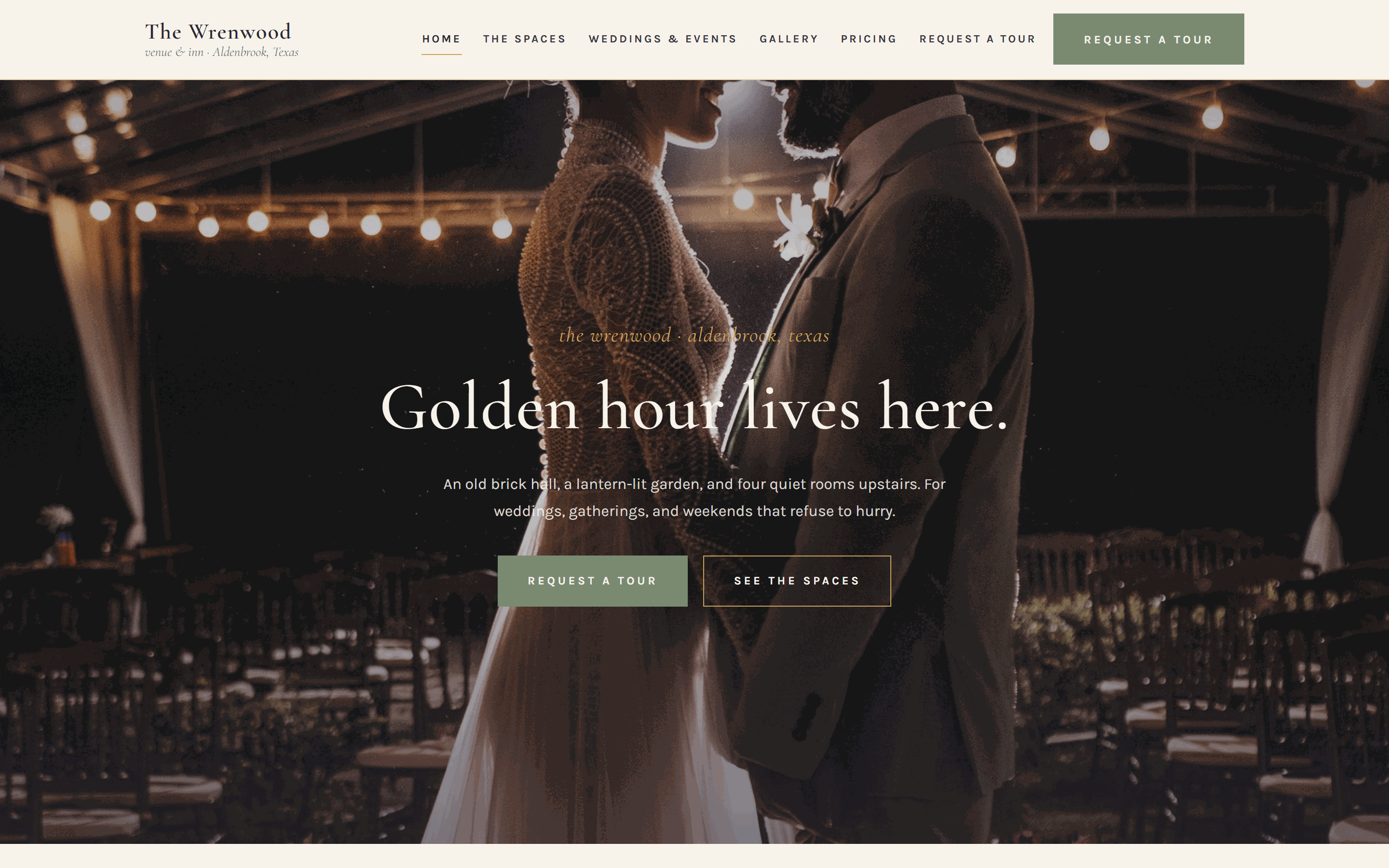 The Wrenwood design, a romantic look for wedding venues, inns, and event spaces.