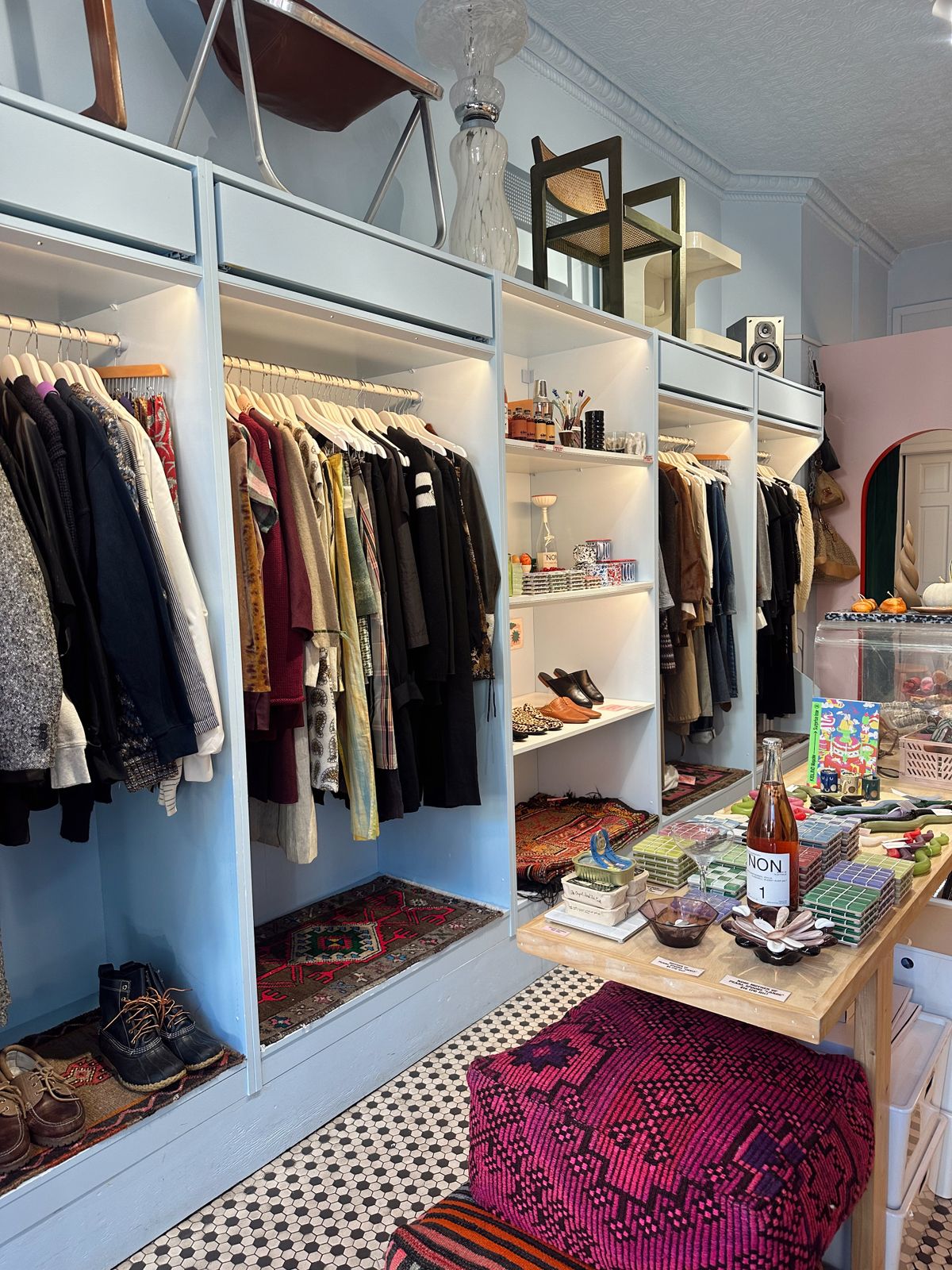 A bright corner of the shop with eclectic displays